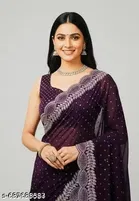 Poly Georgette Embellished Saree For Women, Purple