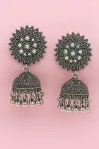 Women's Antique Peacock Jhumka Earring Set - Silver & Gold Finish 