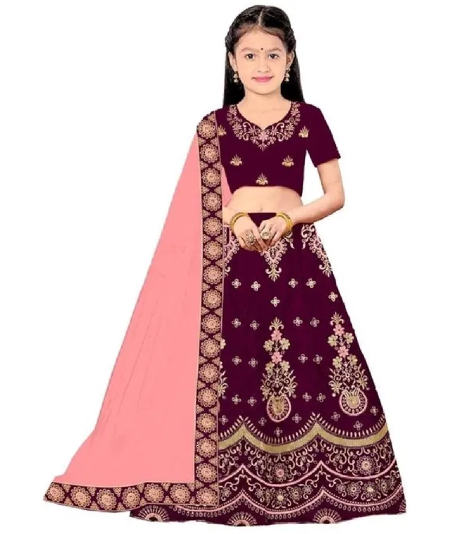 Satin Embroidered Lehenga with Choli & Dupatta for Girls (Purple & Pink, 10-11 Years)