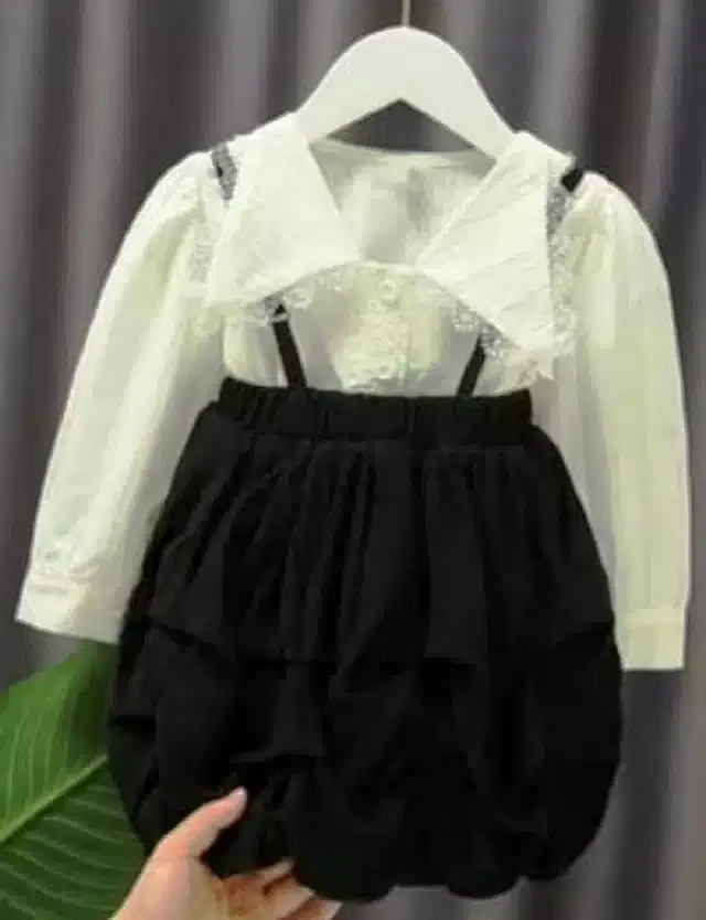 Crepe Solid Dungarees for Girls (White & Black, 9-12 Months)