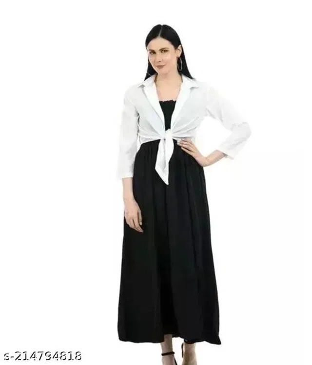 Poly Crepe Dress for Women (Black & White, L)