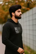 Fleece Printed Hoodie for Men, Black 