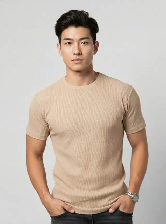 Polyester Round Neck T-shirt for Men, Beige (M)