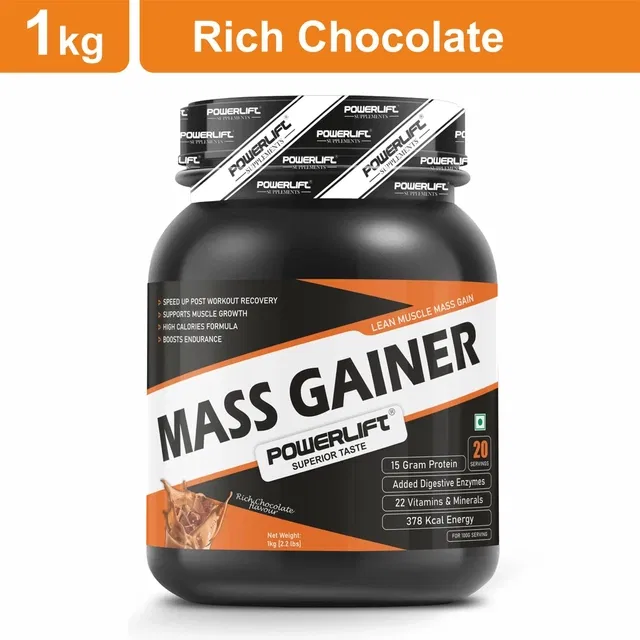POWERLIFT for Muscle Mass Gain, High Protein with Multivitamins Weight Gainers/Mass Gainers (1 kg, Rich Chocolate)