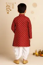Dupion Silk Printed Kurta with Dhoti for Boys, Maroon & White 