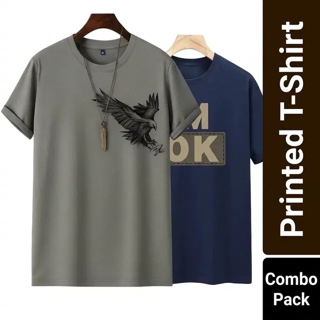 Round Neck Printed T-Shirt for Men, Combo Pack of 2, Grey & Navy Blue, L