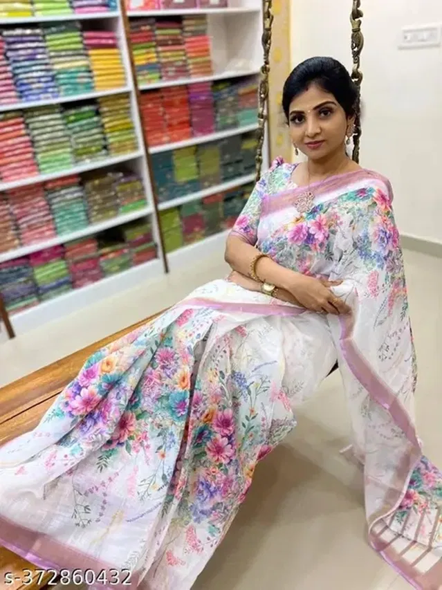 Cotton Linen Printed Saree for Women (Multicolor, 6.3 m)
