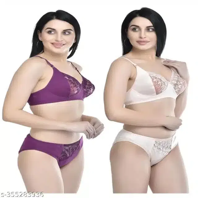 Polycotton Bra with Panty for Women (Assorted, 32B) (Pack of 2)