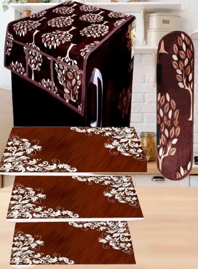 PVC Printed Fridge Top Cover with 3 Pcs Shelf Mats & Handle Cover (Multicolor, Set of 1)