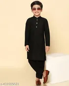 Cotton Solid Kurta with Pyjama for Boys (2-3 Years, Black)