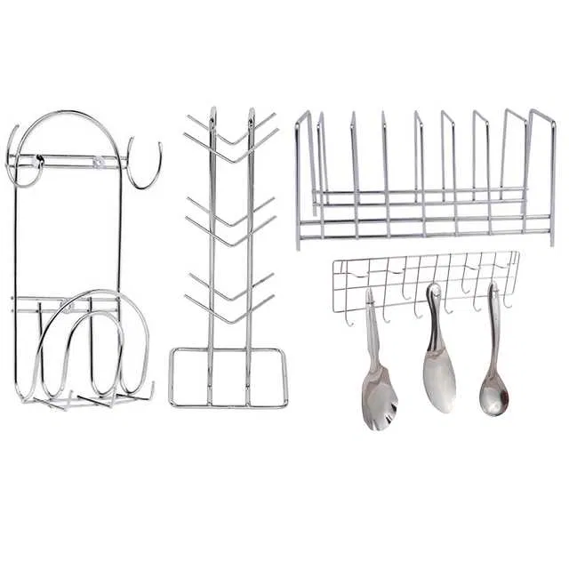 Stainless Steel Cup Stand & Plate Stand & Chakla Belan Stand With Hook & Hook Rail For Kitchen (Set of 4) (OC-033)