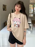 Cotton Blend Printed T-shirt for Women, Beige 