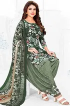 Crepe Floral Print Unstitched Suit with Dupatta for Women, Green