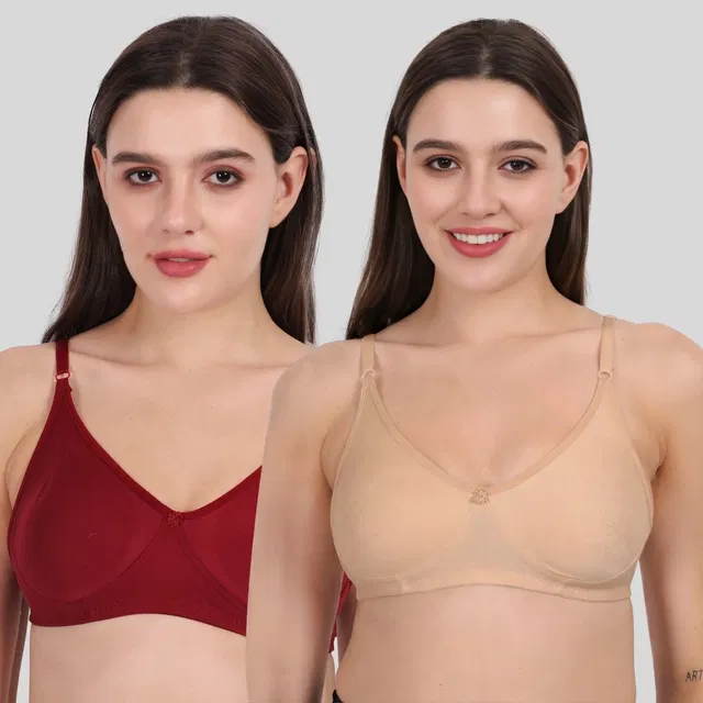 Cotton Bra for Women, Red & Gold, Pack of 2 (32B)