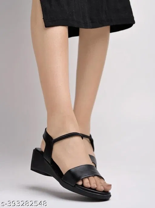 [11] Solid Heel Sandals for Women (Black, IND-7)