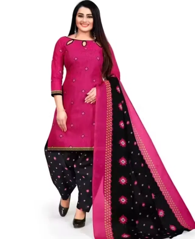 Cotton Blend Printed Unstitched Suit for Women (Pink & Black)