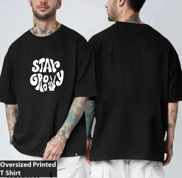 Round Neck Printed T-Shirt for Men (Black, L)