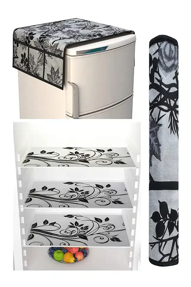 Knit Printed Fridge 3 Pcs Mat with Top & Handle Cover (Multicolor, Set of 1)