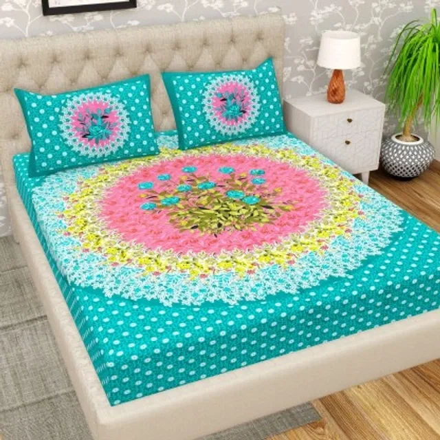 Jaipuri Cotton Double Bedsheet with 2 Pillow Covers | 80x90 Inch | Circular Floral | Traditional Rajasthani Print