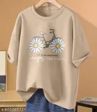 Cotton Blend Printed T-shirt for Women, Beige 