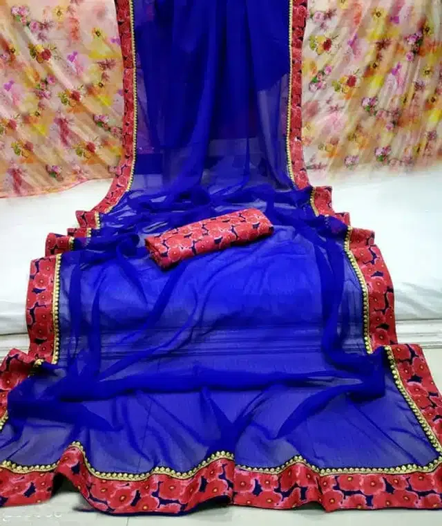 Georgette Self Design Saree for Women (Blue, 6.3 m)