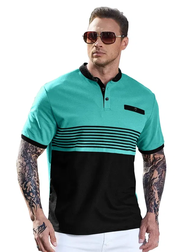 Mandarin Neck Striped Cotton T-shirt for Men (Blue, L)