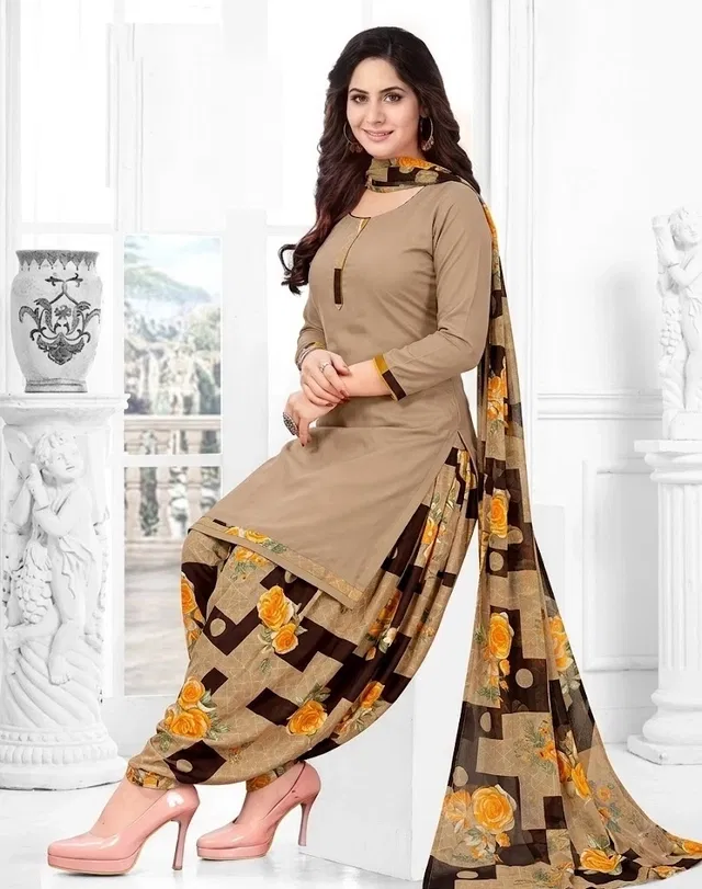 Floral Unstitched Punjabi Suit for Women (Yellow, Free size)