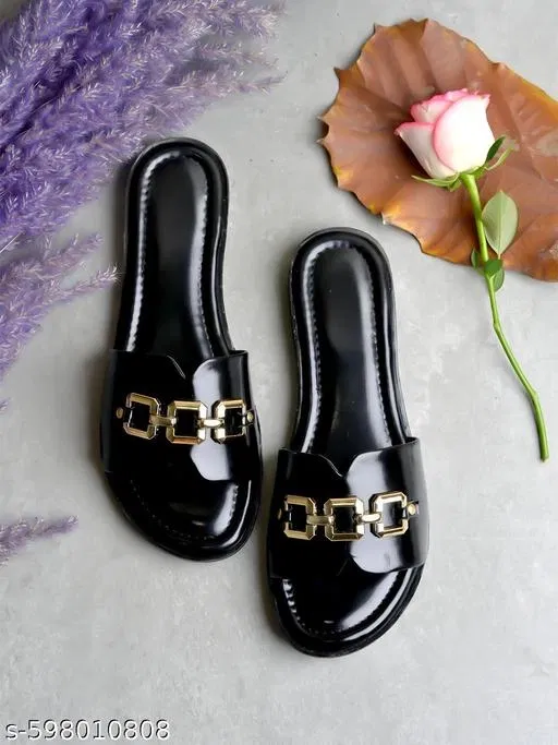 Shoetopia Black Solid Flat Sandals (IND-4)