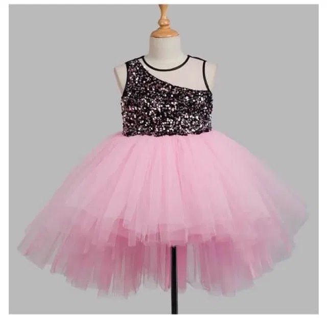 Net Solid Frock for Girls (Pink, 9-12 Months)