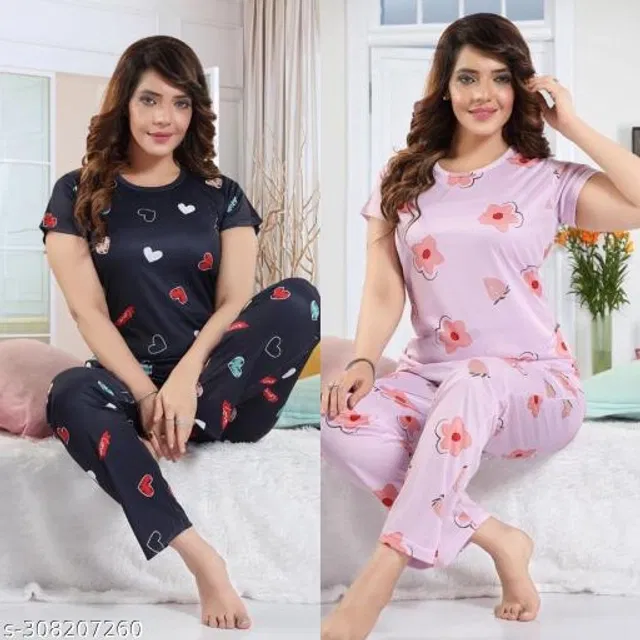 Satin Nightsuit for Women (Black & Purple, L) (Pack of 2)