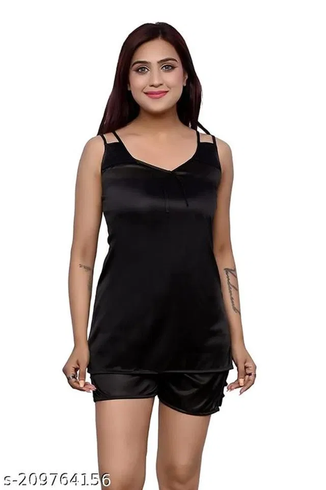 Satin Nightdress Set for Women (Black, S)