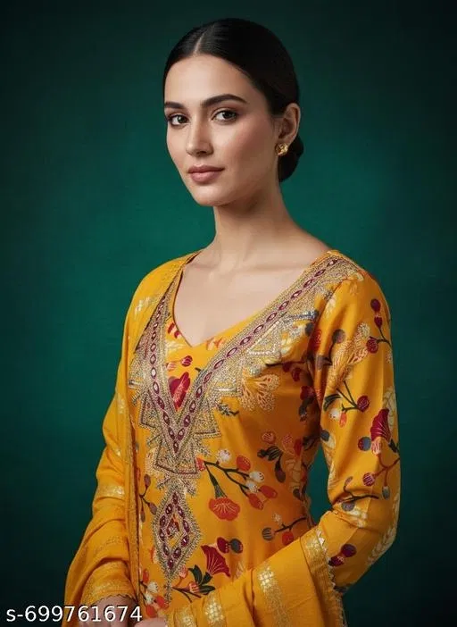 Bandhani Printed Jaipuri Designs Embroidered Top Bottom Duppata for Women (Yellow, Un Stitched)