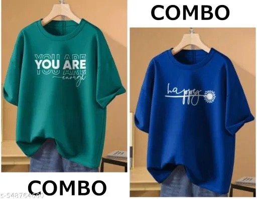 Cotton Blend Printed T-shirt for Women, Green & Blue, Pack of 2 (M)