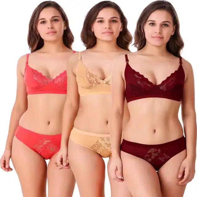 Silk Blend Lingerie Set for Women (Multicolor, 34) (Set of 3)