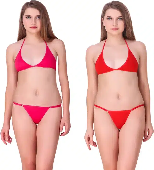 Cotton Blend Lingerie Set for Women (Red & Pink, 36) (Set of 2)