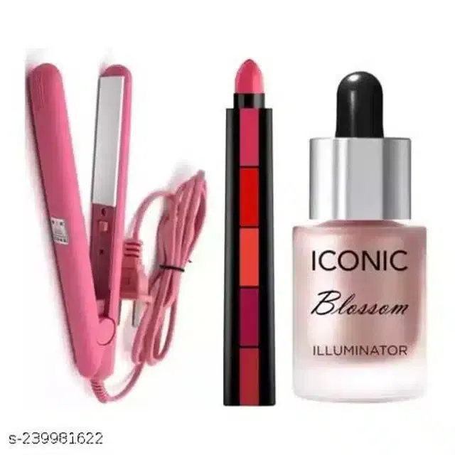 Mini Hair Straightener & 5 in 1 Lipstick with Highlighter (Set of 3)