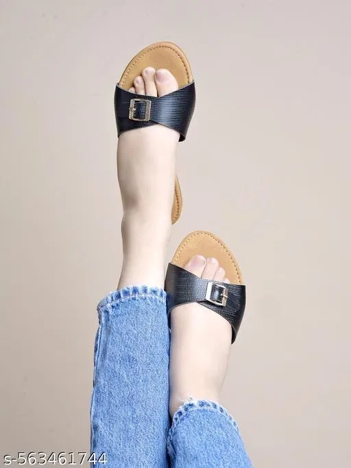 Solid Flat Sandals for Women (Black, IND-5)