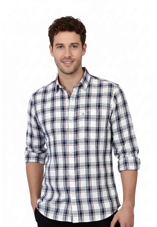 Cotton Blend Checked Shirt for Men, White (XL)