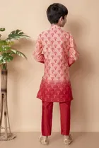 Dupion Silk Printed Kurta with Payjama for Boys, Peach & Red 