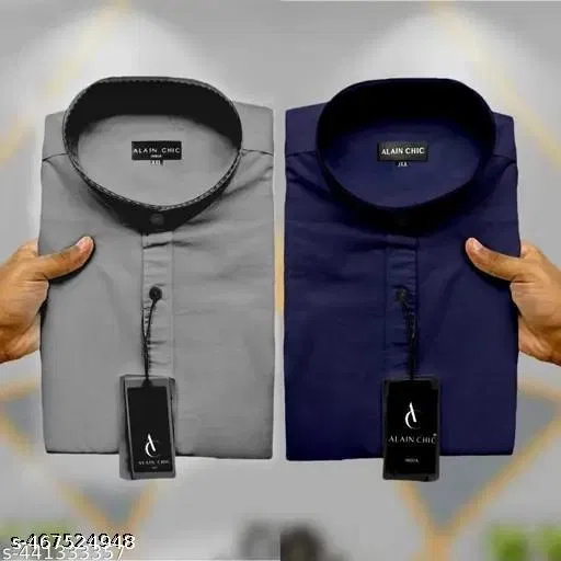 Cotton Blend Solid Shirts for Men, Grey & Navy Blue, Pack of 2 (S)