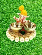 Metal Decorative Ganpati Haldi Kumkum Stand with 2 Roli Chawal Holder, Multicolor