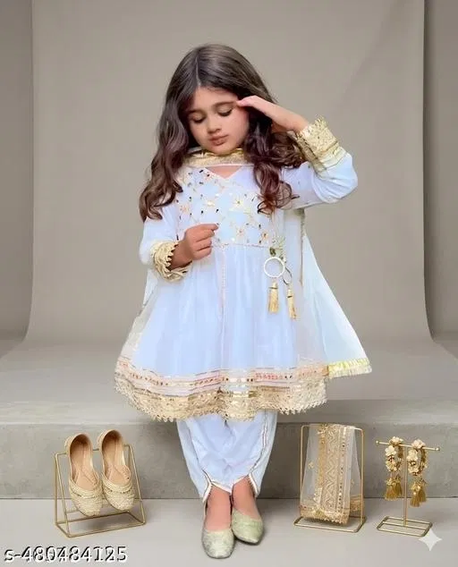 Golden Lace & Mirror Work Kurti Dhoti Pant Set with Dupatta for Girls (Beige, 9-12 Months)
