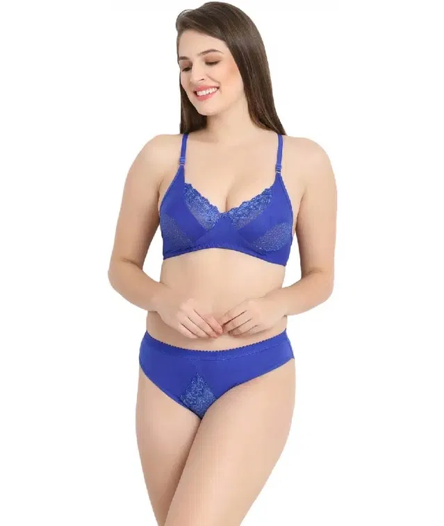 Silk Blend Lingerie Set for Women (Blue, 34)