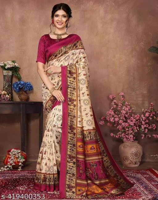 Art Silk Printed Saree for Women, Maroon (6.3 m)