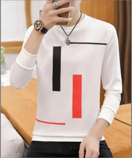 Men's Printed Full Sleeves T-Shirt (White, M) (SV-22)