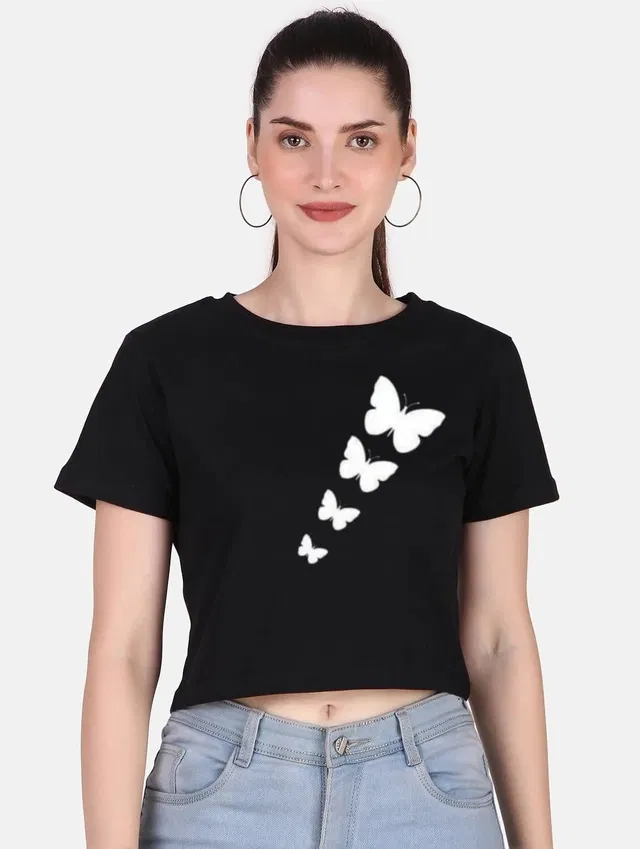 Round Neck Printed Crop Top for Women (Black, L)