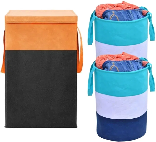 Canvas Laundry Basket,Orange & Green, (Pack Of 3)