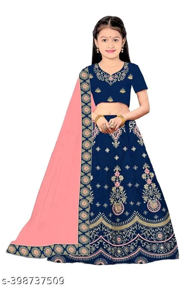 Satin Embroidered Lehenga with Choli & Dupatta for Girls (Blue & Pink, 15-16 Years)