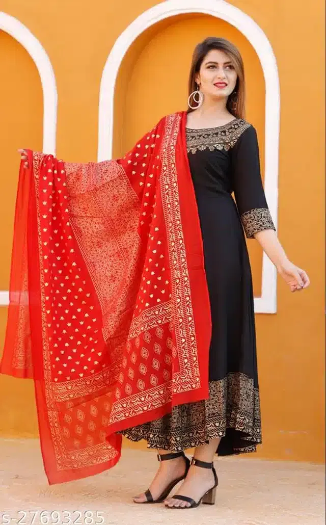 Mulmul Printed Kurti with Dupatta for Women (Black & Red, XL)