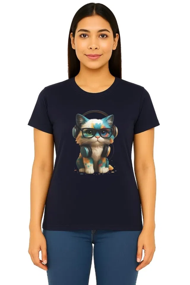 Cotton Blend Printed T-shirt for Women, Navy Blue (M)